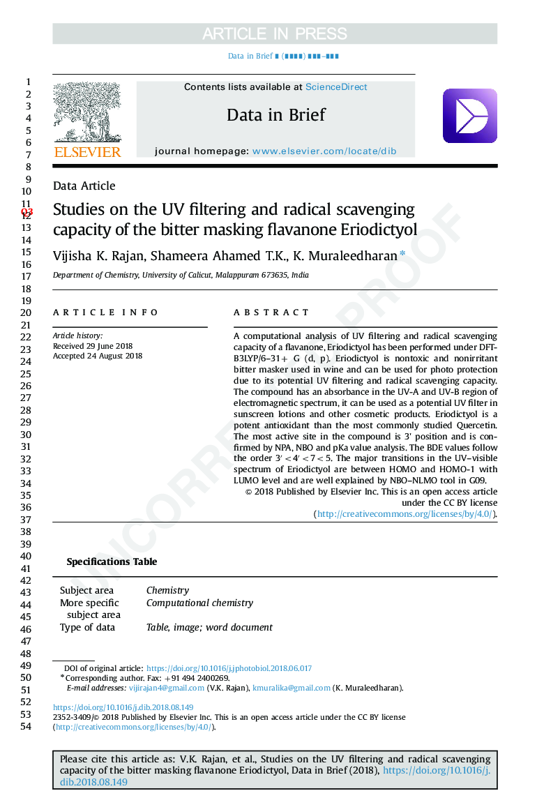 Data on the UV filtering and radical scavenging capacity of the bitter masking flavanone Eriodictyol