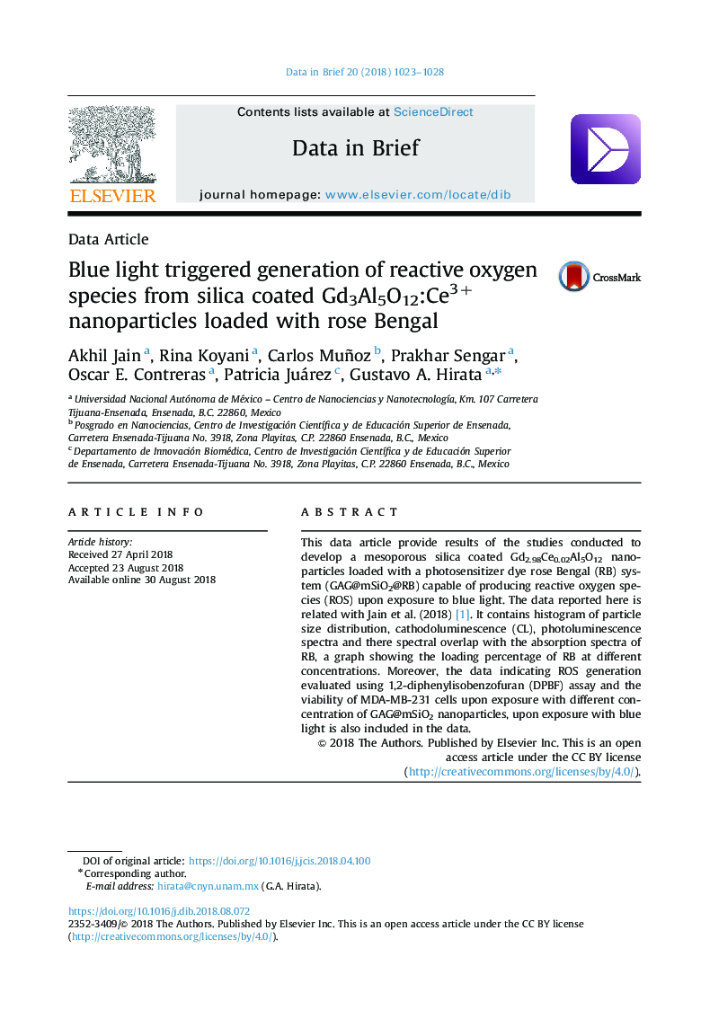 Blue light triggered generation of reactive oxygen species from silica coated Gd3Al5O12:Ce3+ nanoparticles loaded with rose Bengal