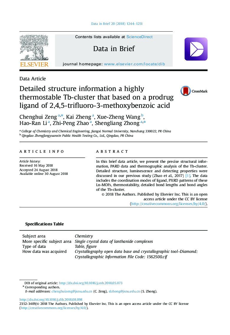 Detailed structure information a highly thermostable Tb-cluster that based on a prodrug ligand of 2,4,5-trifluoro-3-methoxybenzoic acid