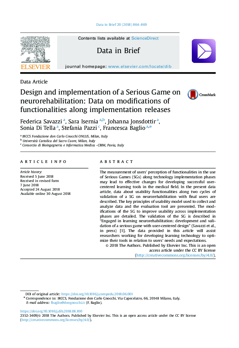 Design and implementation of a Serious Game on neurorehabilitation: Data on modifications of functionalities along implementation releases