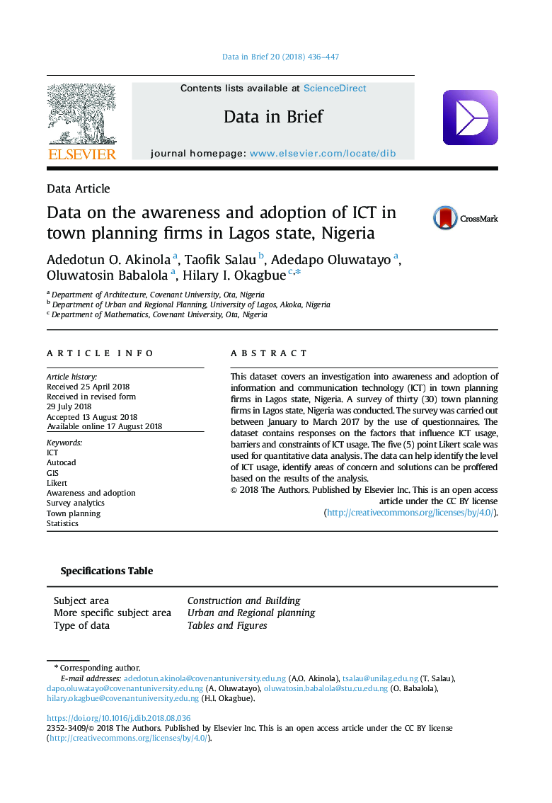 Data on the awareness and adoption of ICT in town planning firms in Lagos state, Nigeria