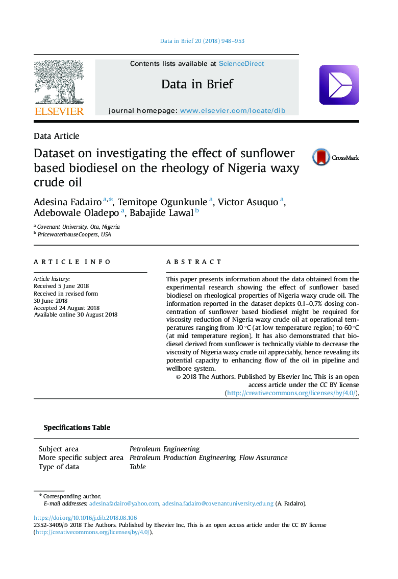 Dataset on investigating the effect of sunflower based biodiesel on the rheology of Nigeria waxy crude oil