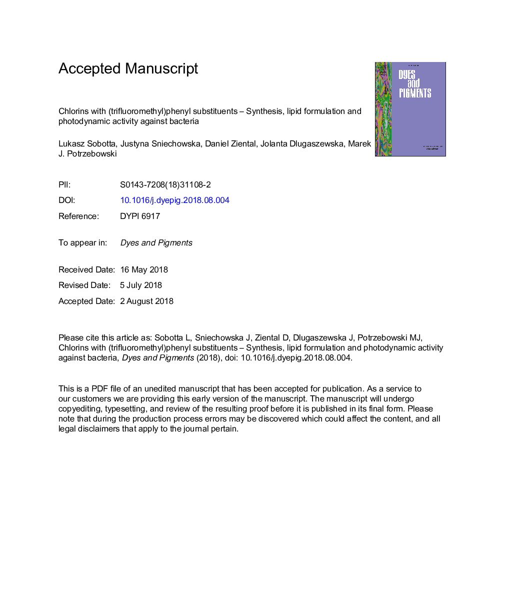 Chlorins with (trifluoromethyl)phenyl substituents - Synthesis, lipid formulation and photodynamic activity against bacteria