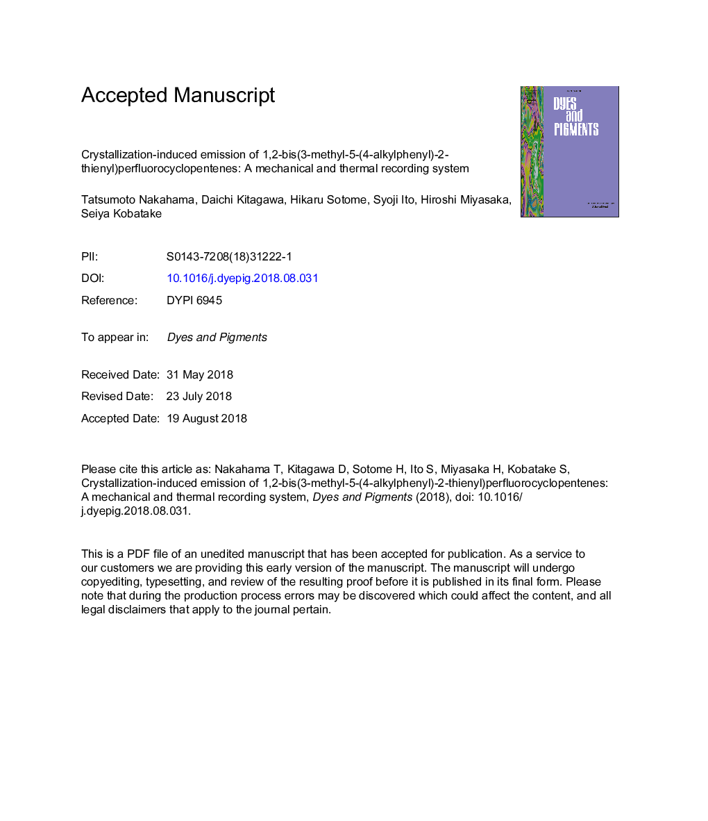 Crystallization-induced emission of 1,2-bis(3-methyl-5-(4-alkylphenyl)-2-thienyl)perfluorocyclopentenes: A mechanical and thermal recording system