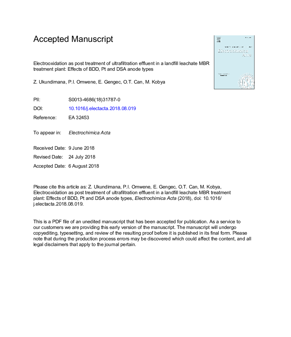 Electrooxidation as post treatment of ultrafiltration effluent in a landfill leachate MBR treatment plant: Effects of BDD, Pt and DSA anode types