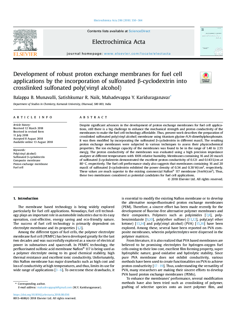 Development of robust proton exchange membranes for fuel cell applications by the incorporation of sulfonated Î²-cyclodextrin into crosslinked sulfonated poly(vinyl alcohol)