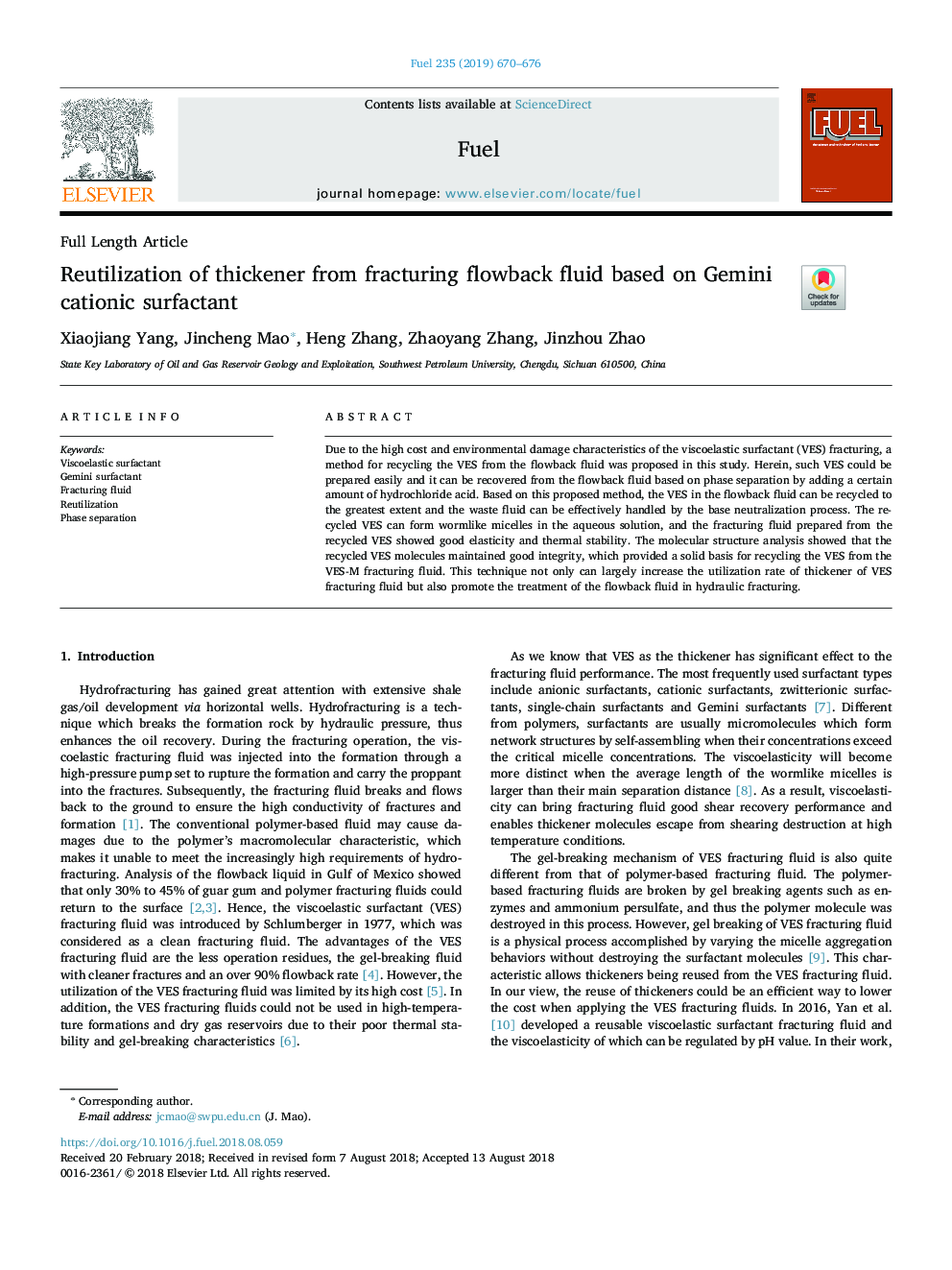 Reutilization of thickener from fracturing flowback fluid based on Gemini cationic surfactant