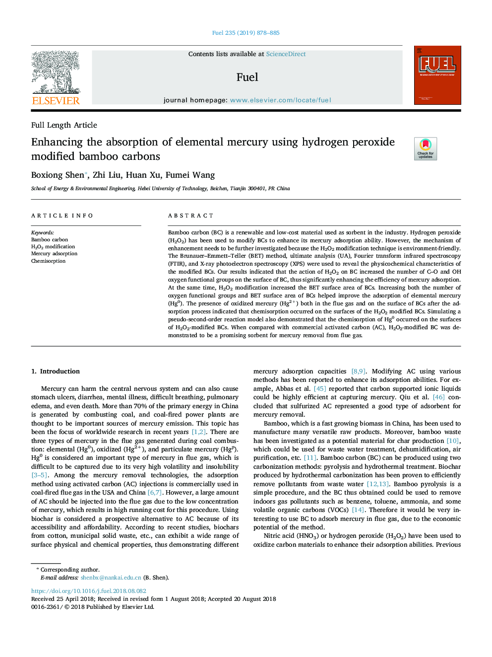 Enhancing the absorption of elemental mercury using hydrogen peroxide modified bamboo carbons