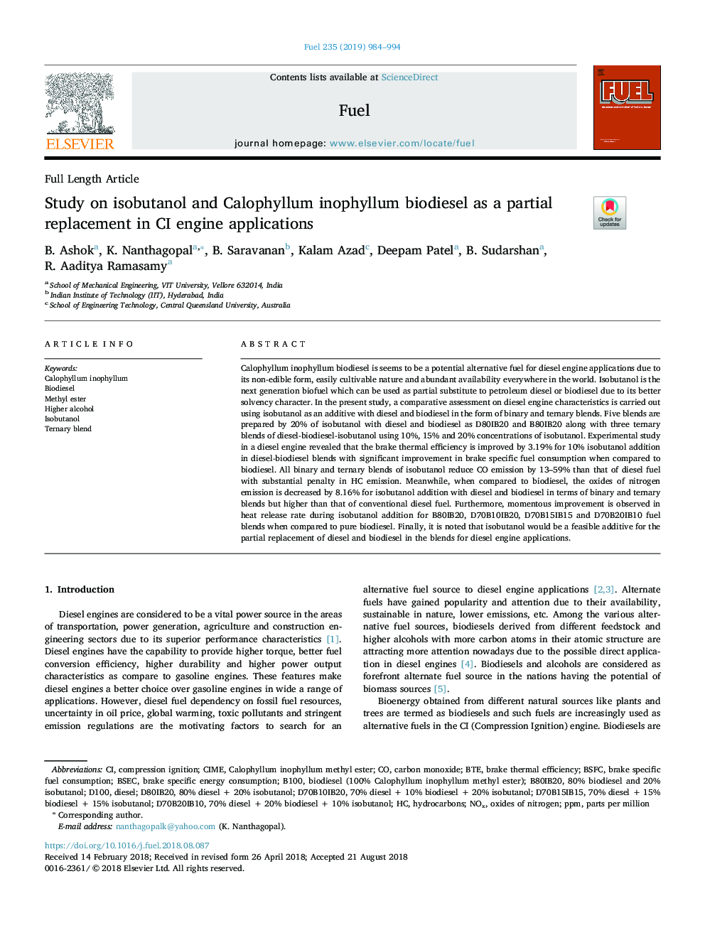 Study on isobutanol and Calophyllum inophyllum biodiesel as a partial replacement in CI engine applications