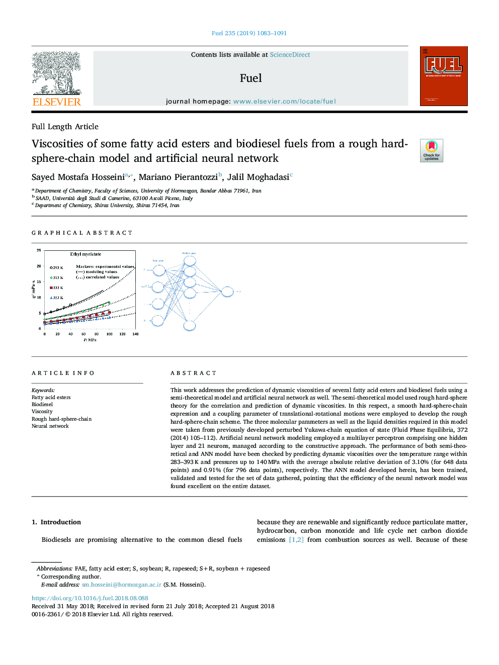 Viscosities of some fatty acid esters and biodiesel fuels from a rough hard-sphere-chain model and artificial neural network