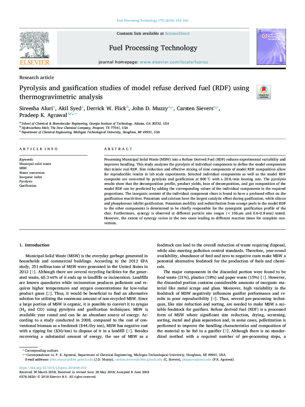 Pyrolysis and gasification studies of model refuse derived fuel (RDF) using thermogravimetric analysis