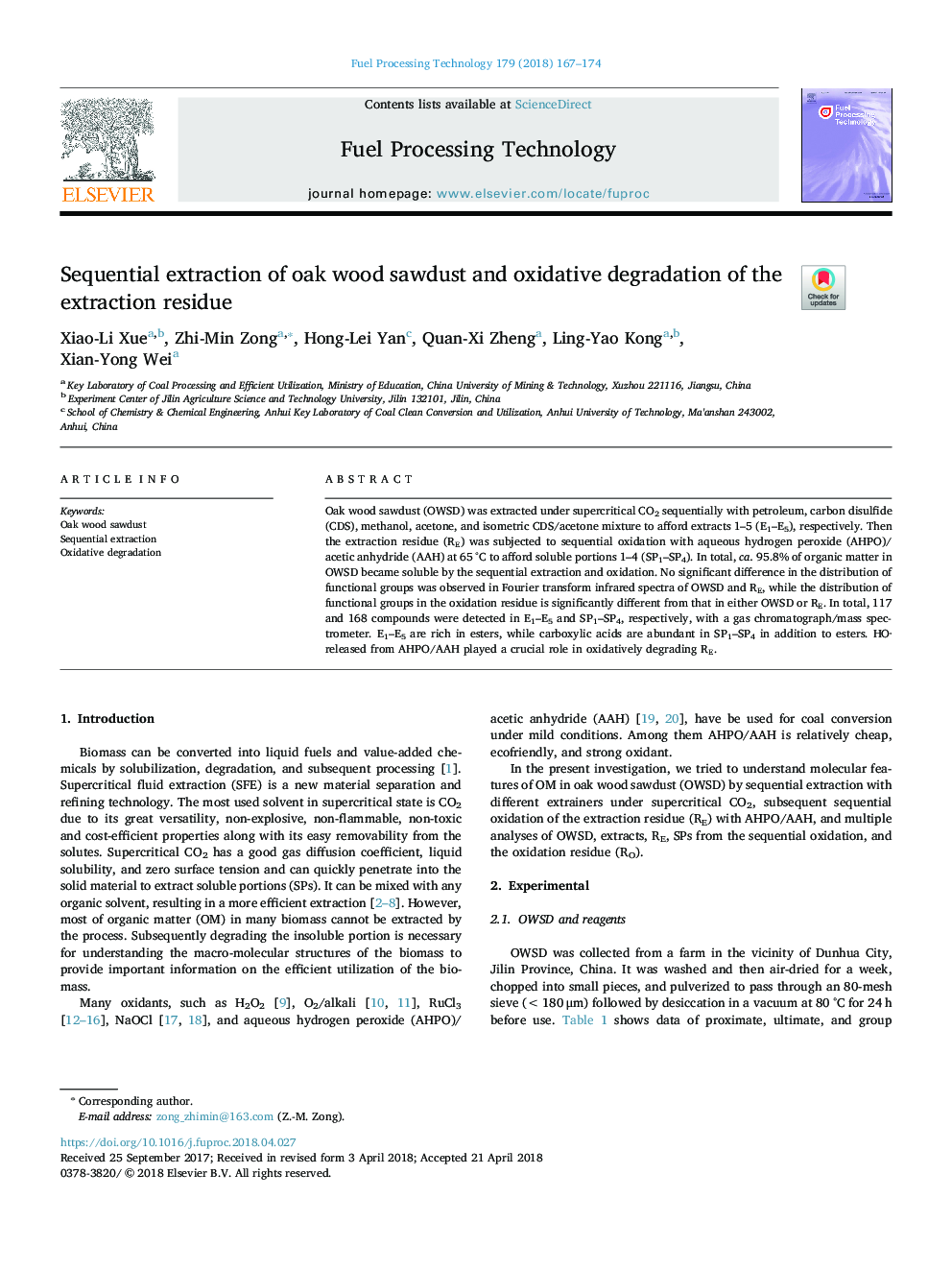 Sequential extraction of oak wood sawdust and oxidative degradation of the extraction residue