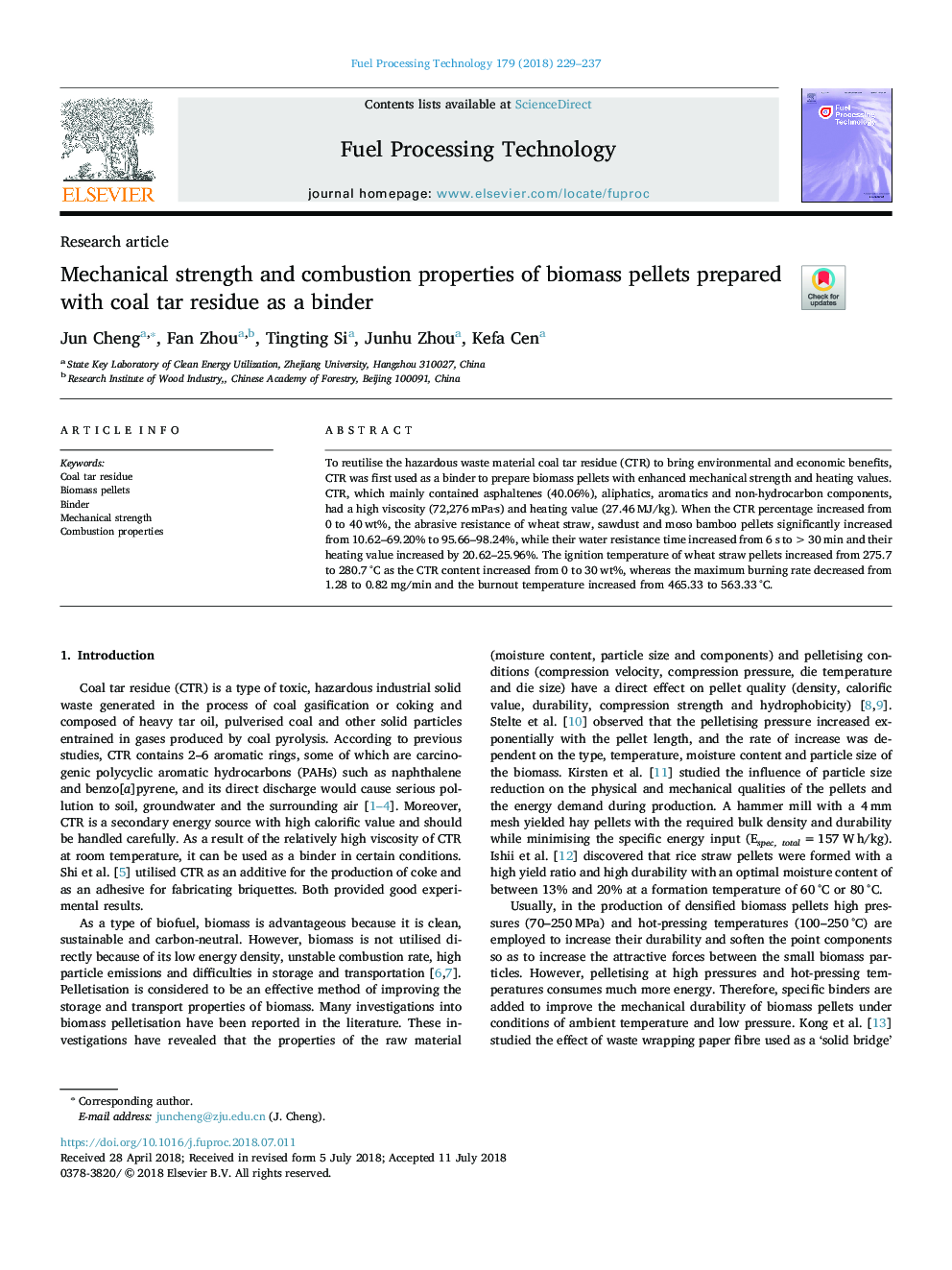 Mechanical strength and combustion properties of biomass pellets prepared with coal tar residue as a binder