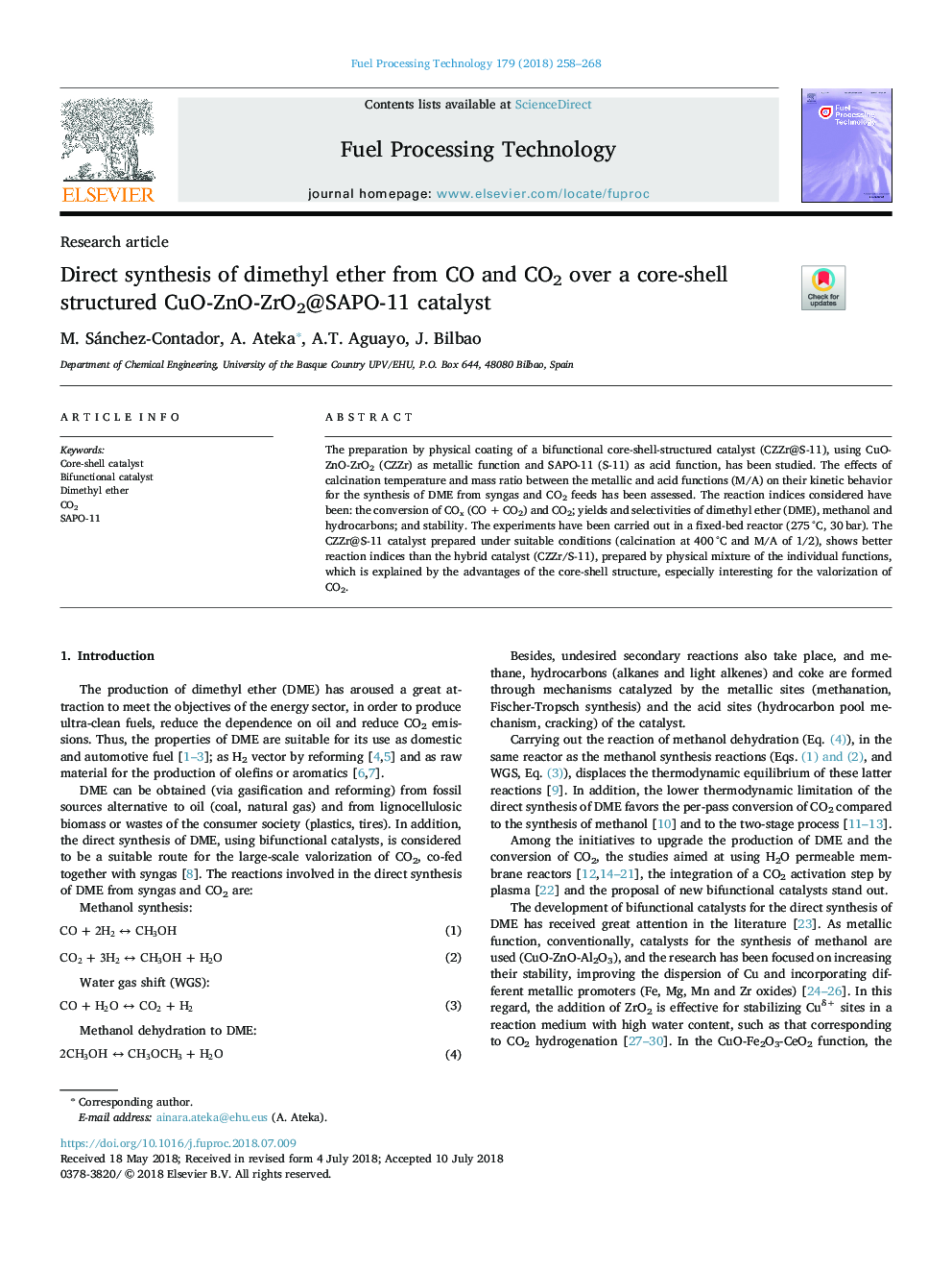 Direct synthesis of dimethyl ether from CO and CO2 over a core-shell structured CuO-ZnO-ZrO2@SAPO-11 catalyst