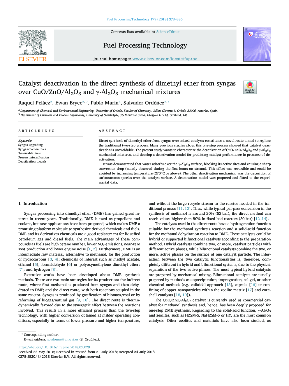 Catalyst deactivation in the direct synthesis of dimethyl ether from syngas over CuO/ZnO/Al2O3 and Î³-Al2O3 mechanical mixtures