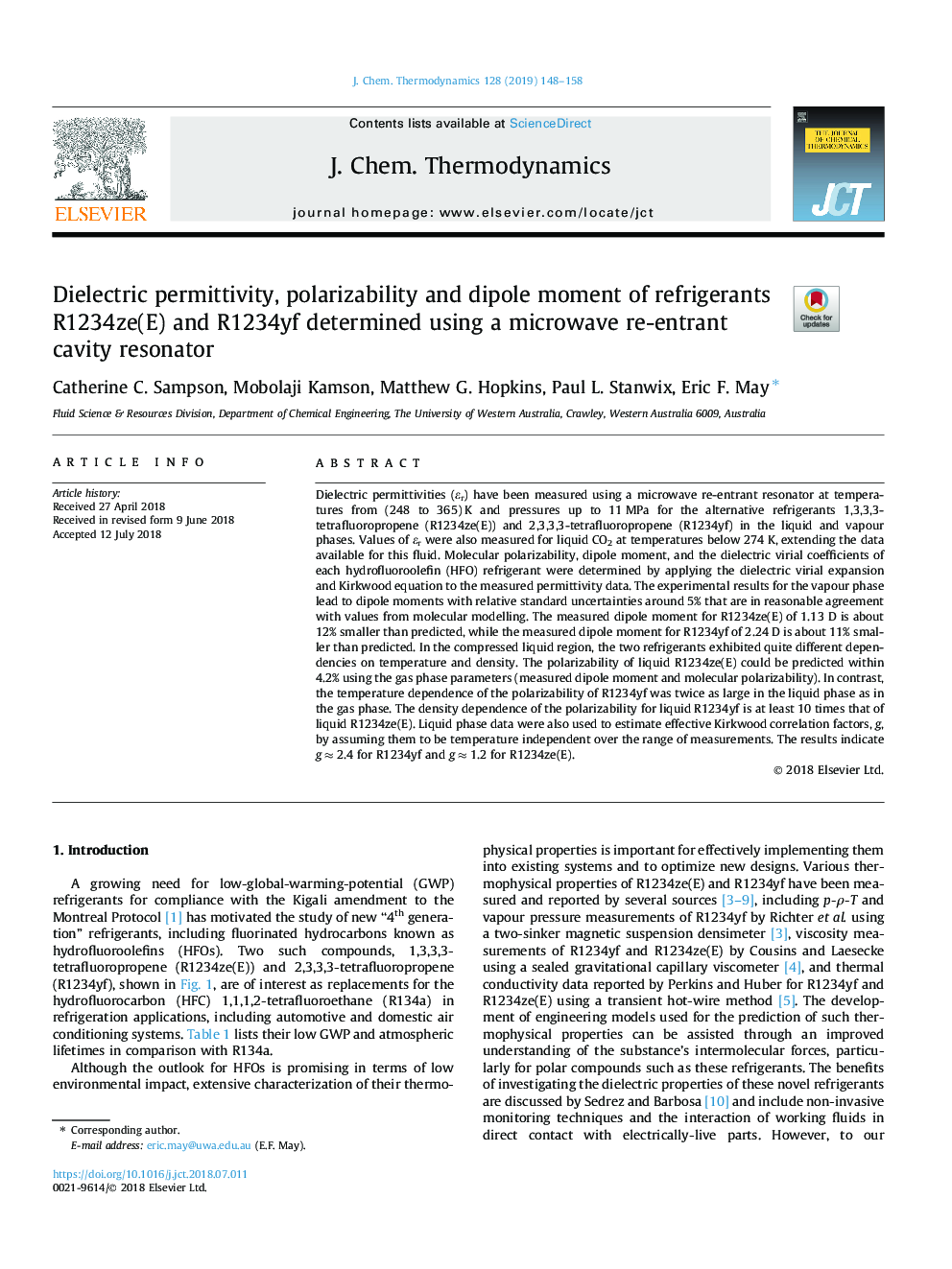 عکس صفحه اول مقاله: Dielectric permittivity, polarizability and dipole moment of refrigerants R1234ze(E) and R1234yf determined using a microwave re-entrant cavity resonator Dielectric permittivity, polarizability and dipole moment of refrigerants R1234ze(E) and R1234yf determined using a microwave re-entrant cavity resonator