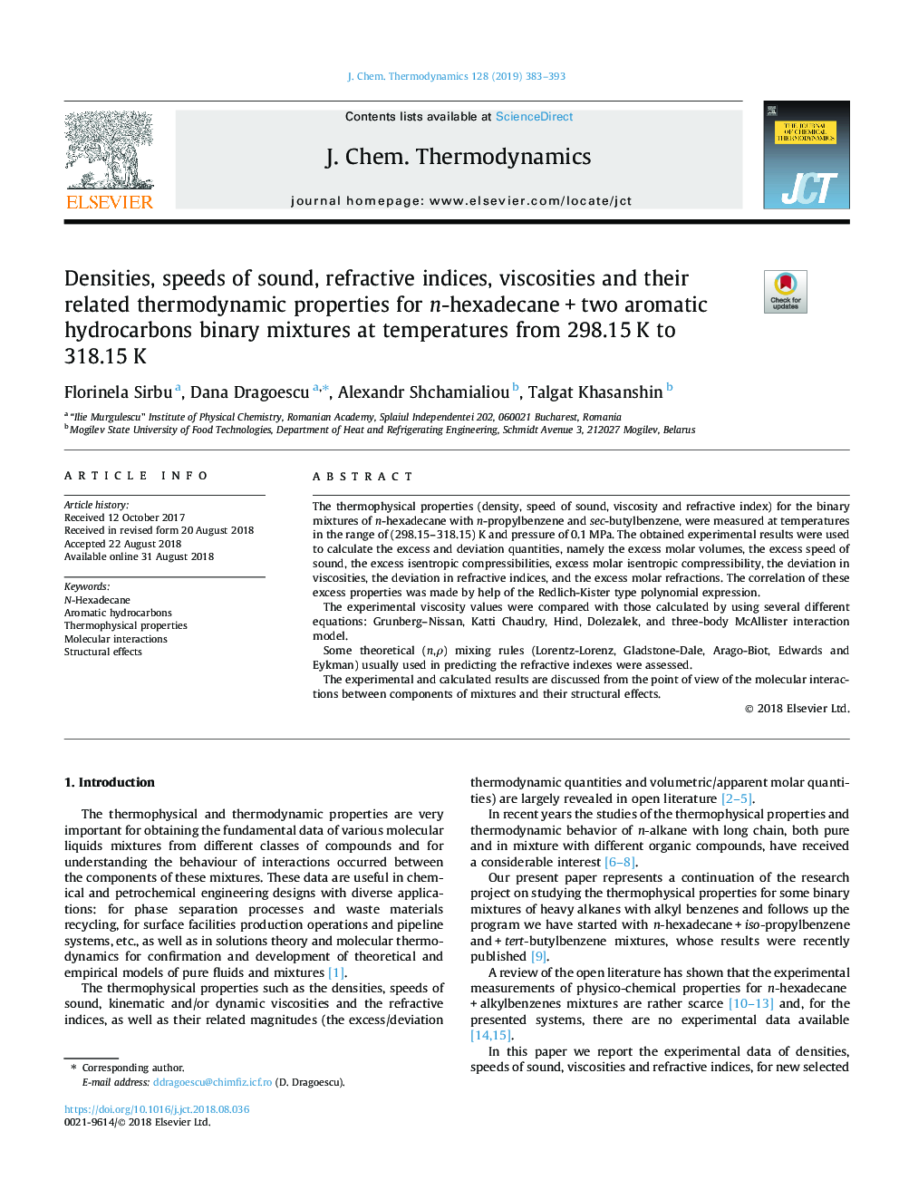 Densities, speeds of sound, refractive indices, viscosities and their related thermodynamic properties for n-hexadecaneâ¯+â¯two aromatic hydrocarbons binary mixtures at temperatures from 298.15â¯K to 318.15â¯K