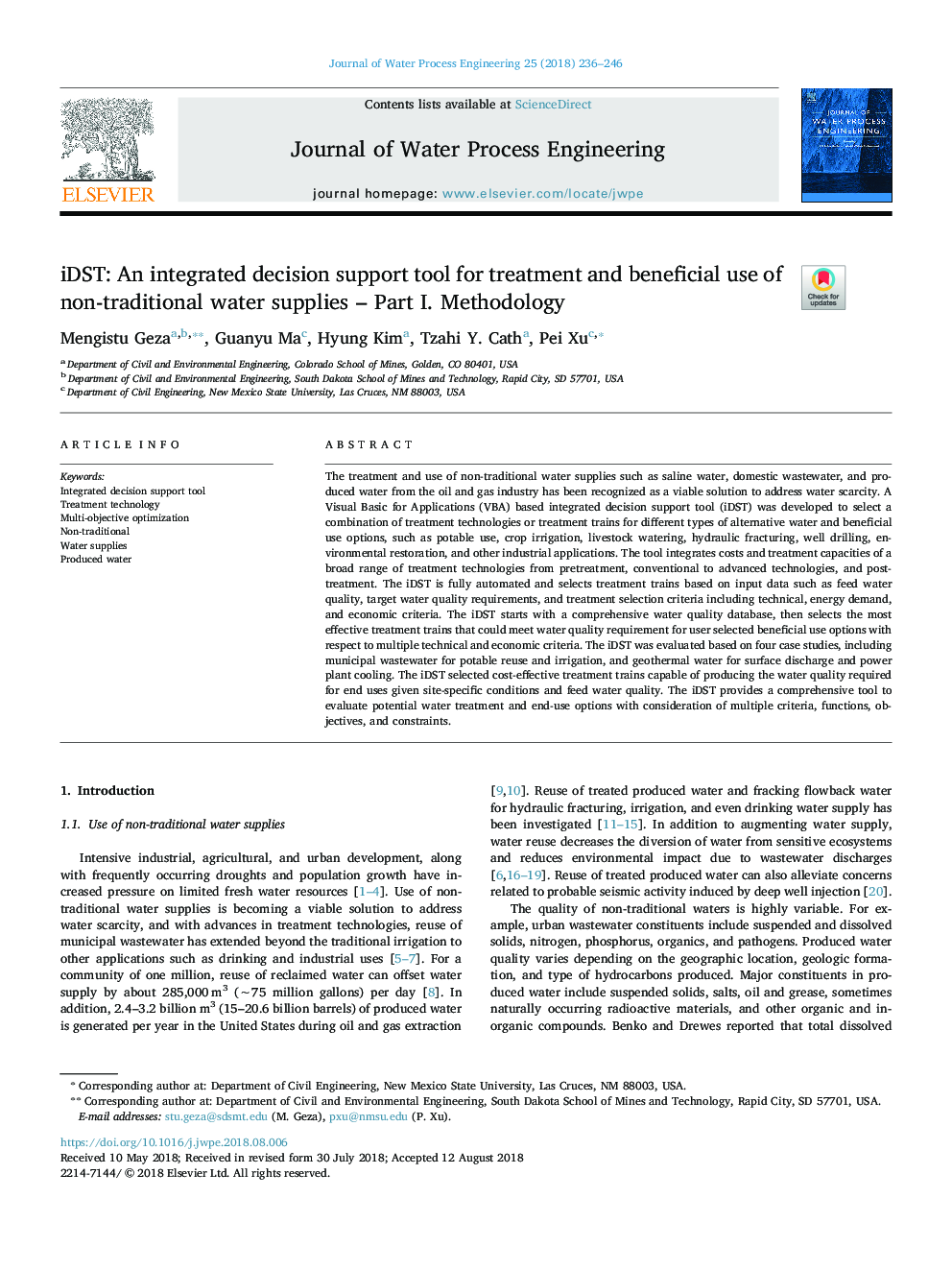 iDST: An integrated decision support tool for treatment and beneficial use of non-traditional water supplies - Part I. Methodology