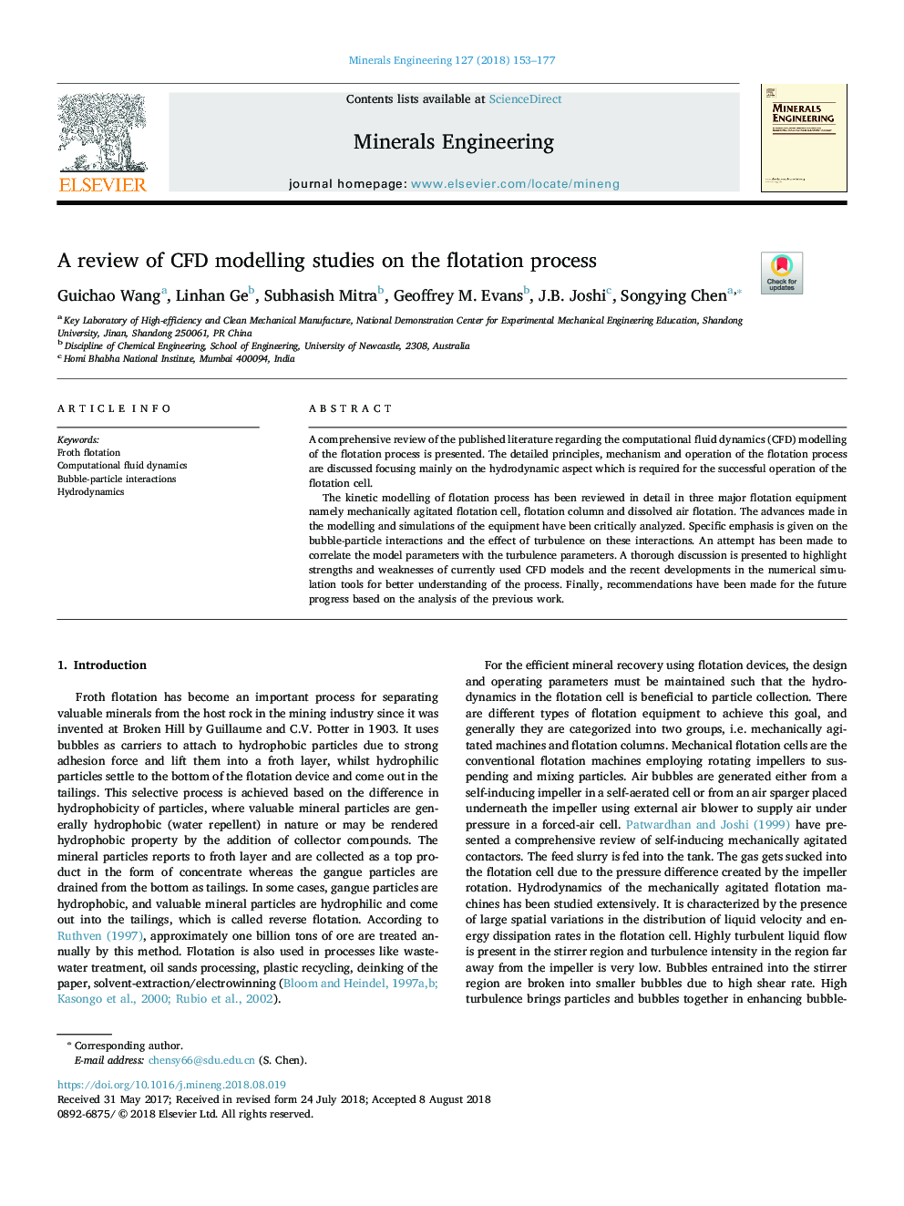 A review of CFD modelling studies on the flotation process