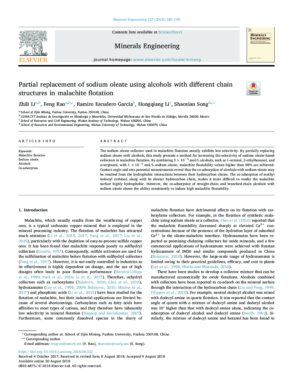 Partial replacement of sodium oleate using alcohols with different chain structures in malachite flotation