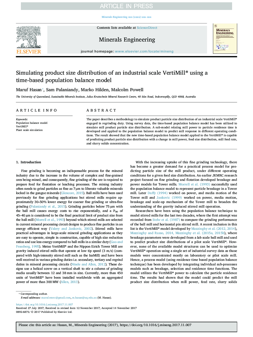 Simulating product size distribution of an industrial scale VertiMill® using a time-based population balance model