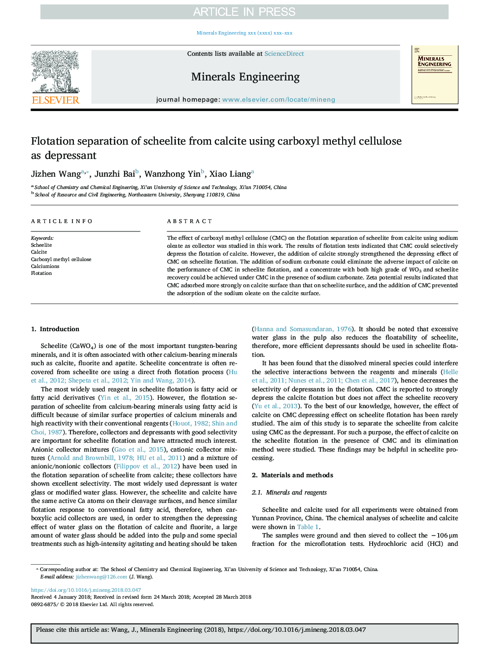 Flotation separation of scheelite from calcite using carboxyl methyl cellulose as depressant