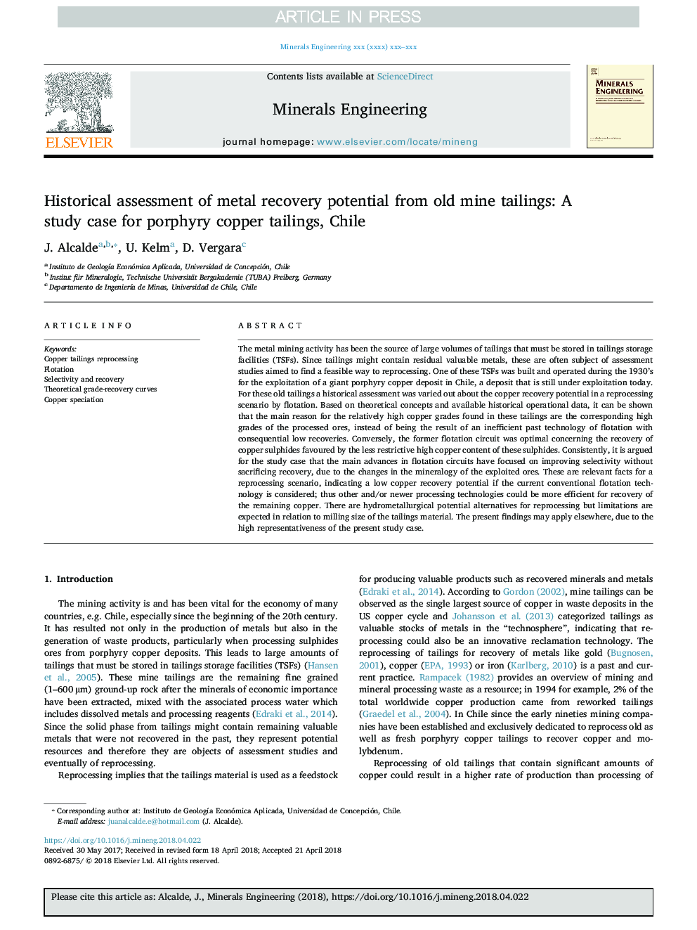 Historical assessment of metal recovery potential from old mine tailings: A study case for porphyry copper tailings, Chile