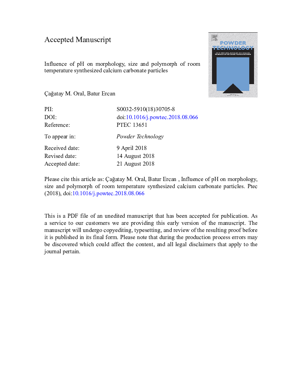 Influence of pH on morphology, size and polymorph of room temperature synthesized calcium carbonate particles