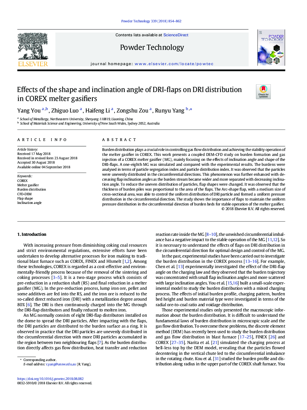 Effects of the shape and inclination angle of DRI-flaps on DRI distribution in COREX melter gasifiers