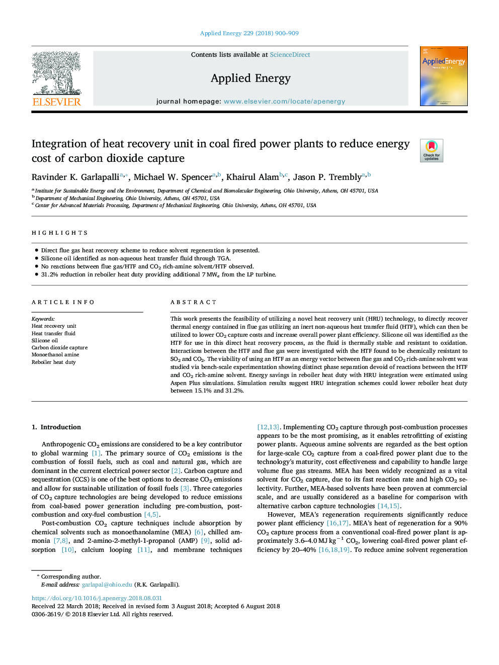 Integration of heat recovery unit in coal fired power plants to reduce energy cost of carbon dioxide capture