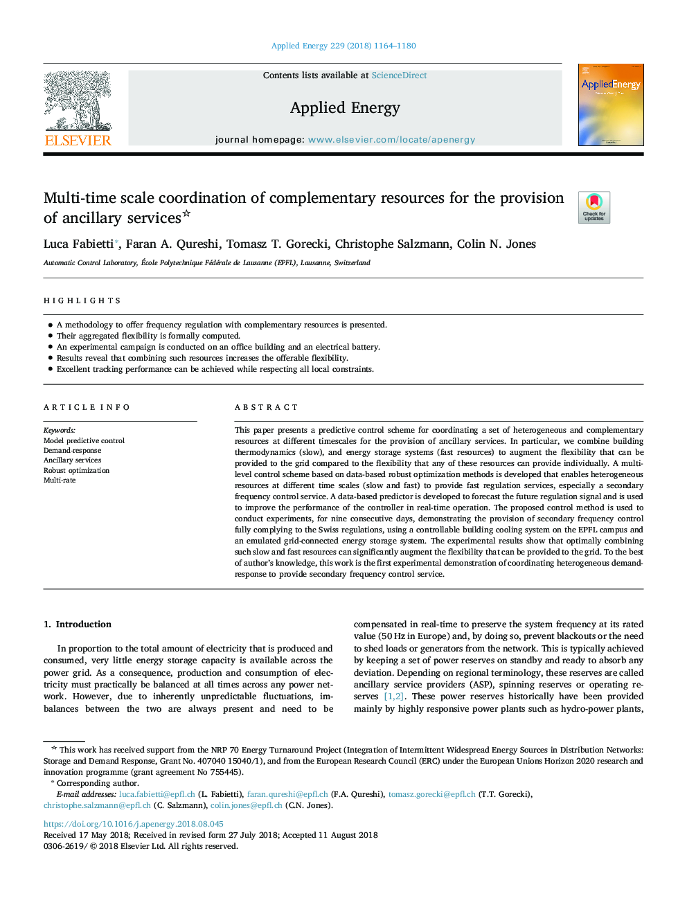 Multi-time scale coordination of complementary resources for the provision of ancillary services