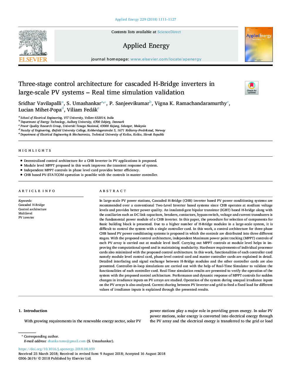 Three-stage control architecture for cascaded H-Bridge inverters in large-scale PV systems - Real time simulation validation