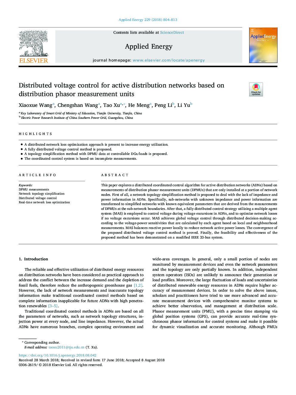 Distributed voltage control for active distribution networks based on distribution phasor measurement units