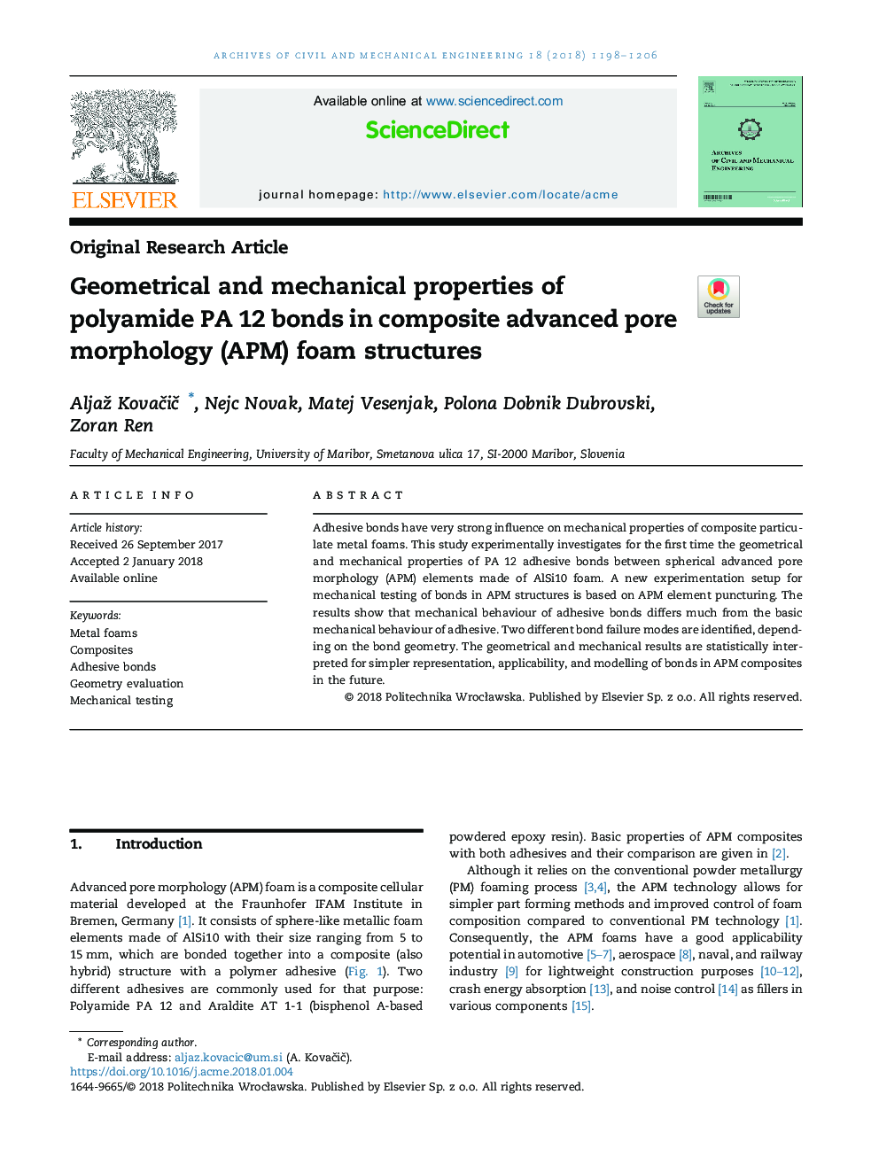 Geometrical and mechanical properties of polyamide PA 12 bonds in composite advanced pore morphology (APM) foam structures