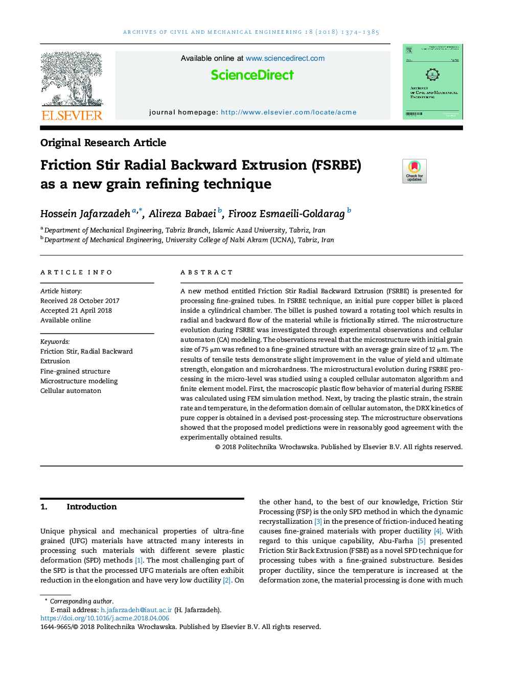 Friction Stir Radial Backward Extrusion (FSRBE) as a new grain refining technique