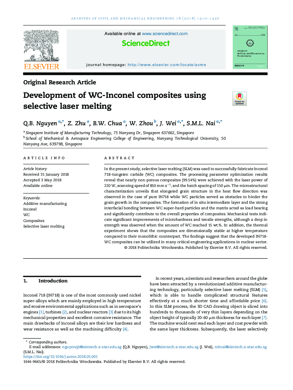 Development of WC-Inconel composites using selective laser melting