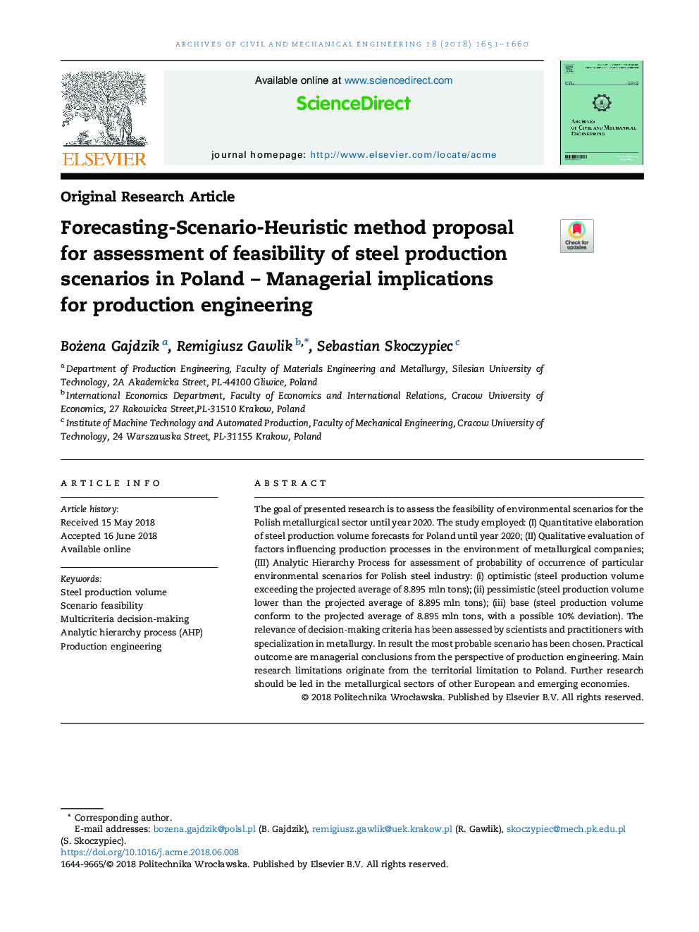 Forecasting-Scenario-Heuristic method proposal for assessment of feasibility of steel production scenarios in Poland - Managerial implications for production engineering