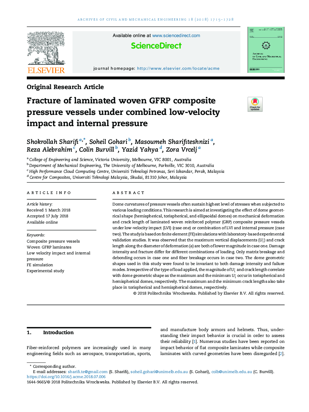 Fracture of laminated woven GFRP composite pressure vessels under combined low-velocity impact and internal pressure