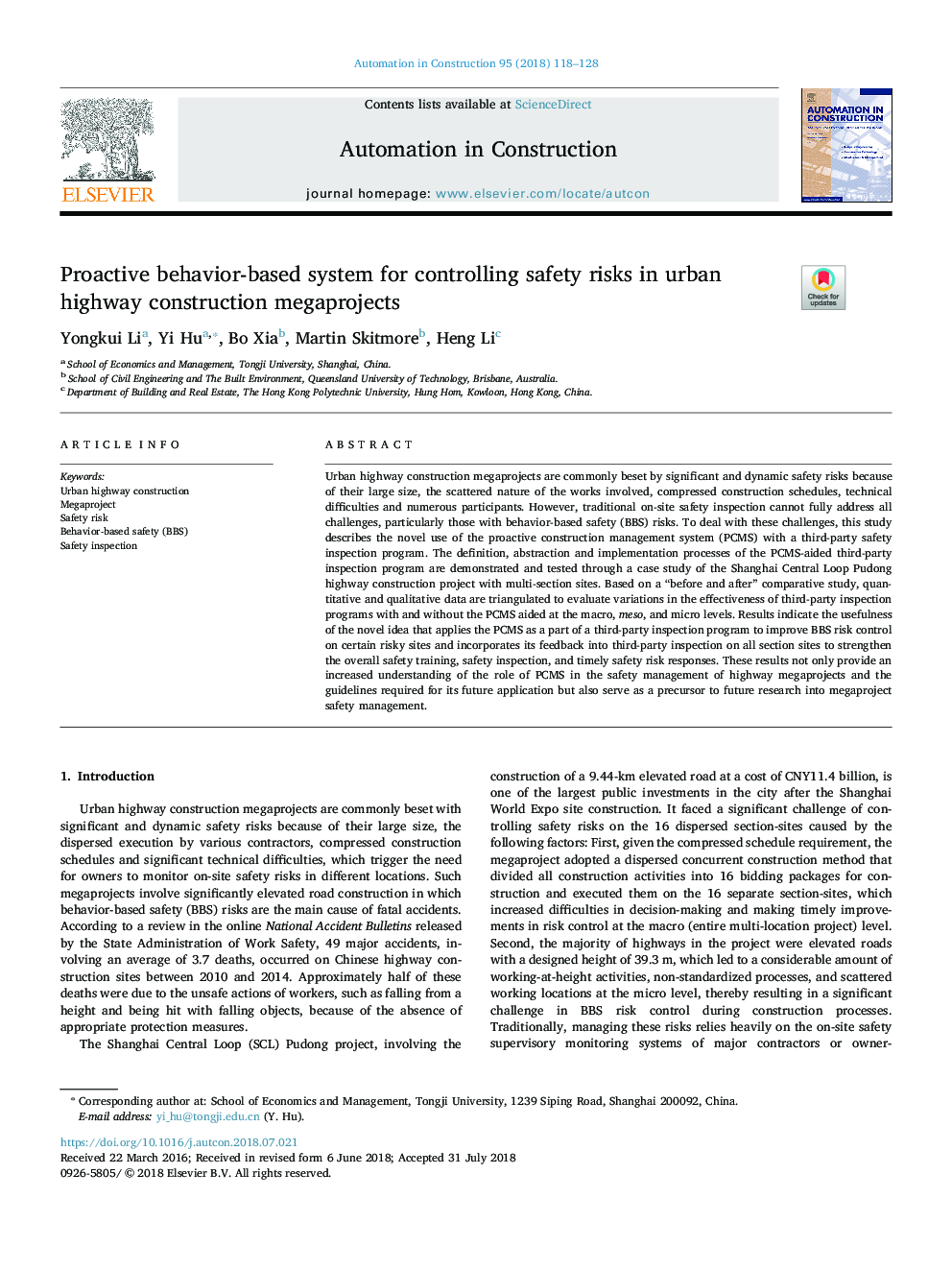 Proactive behavior-based system for controlling safety risks in urban highway construction megaprojects