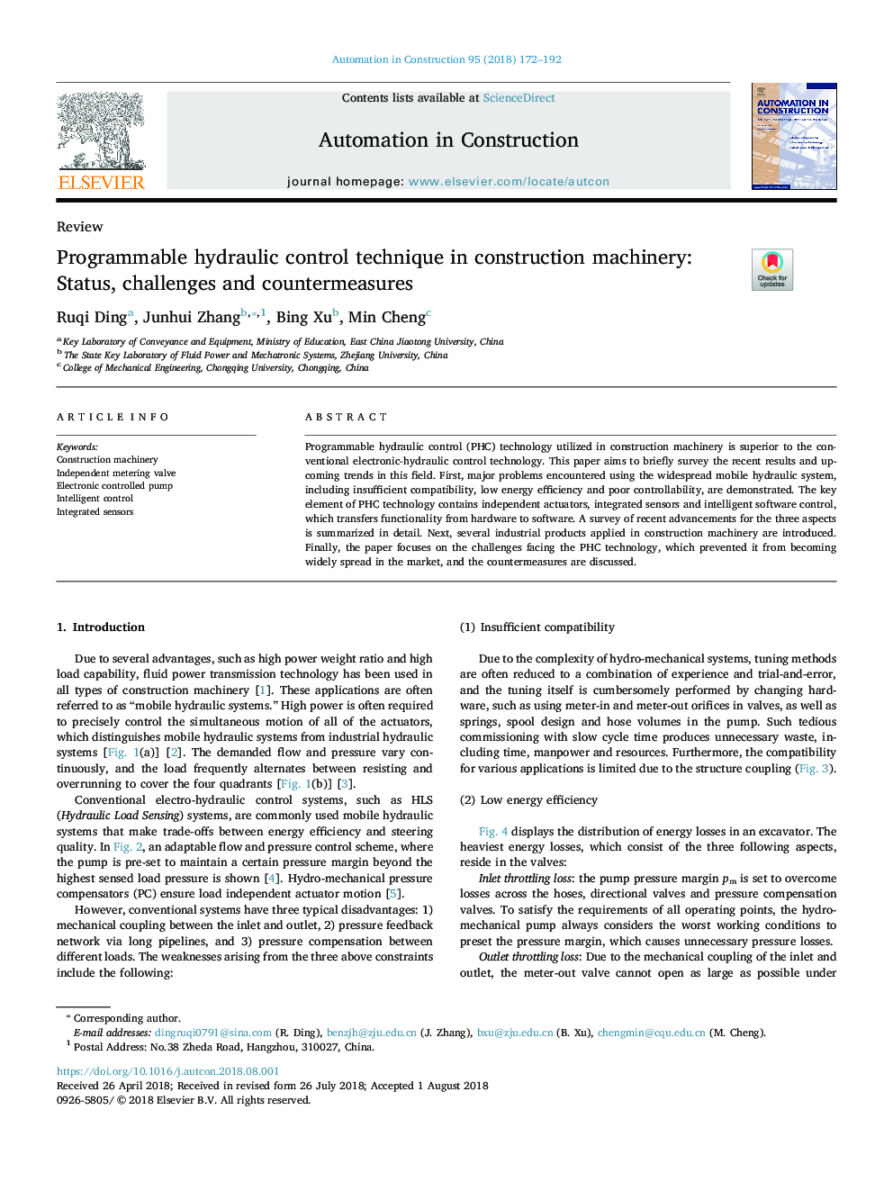 Programmable hydraulic control technique in construction machinery: Status, challenges and countermeasures