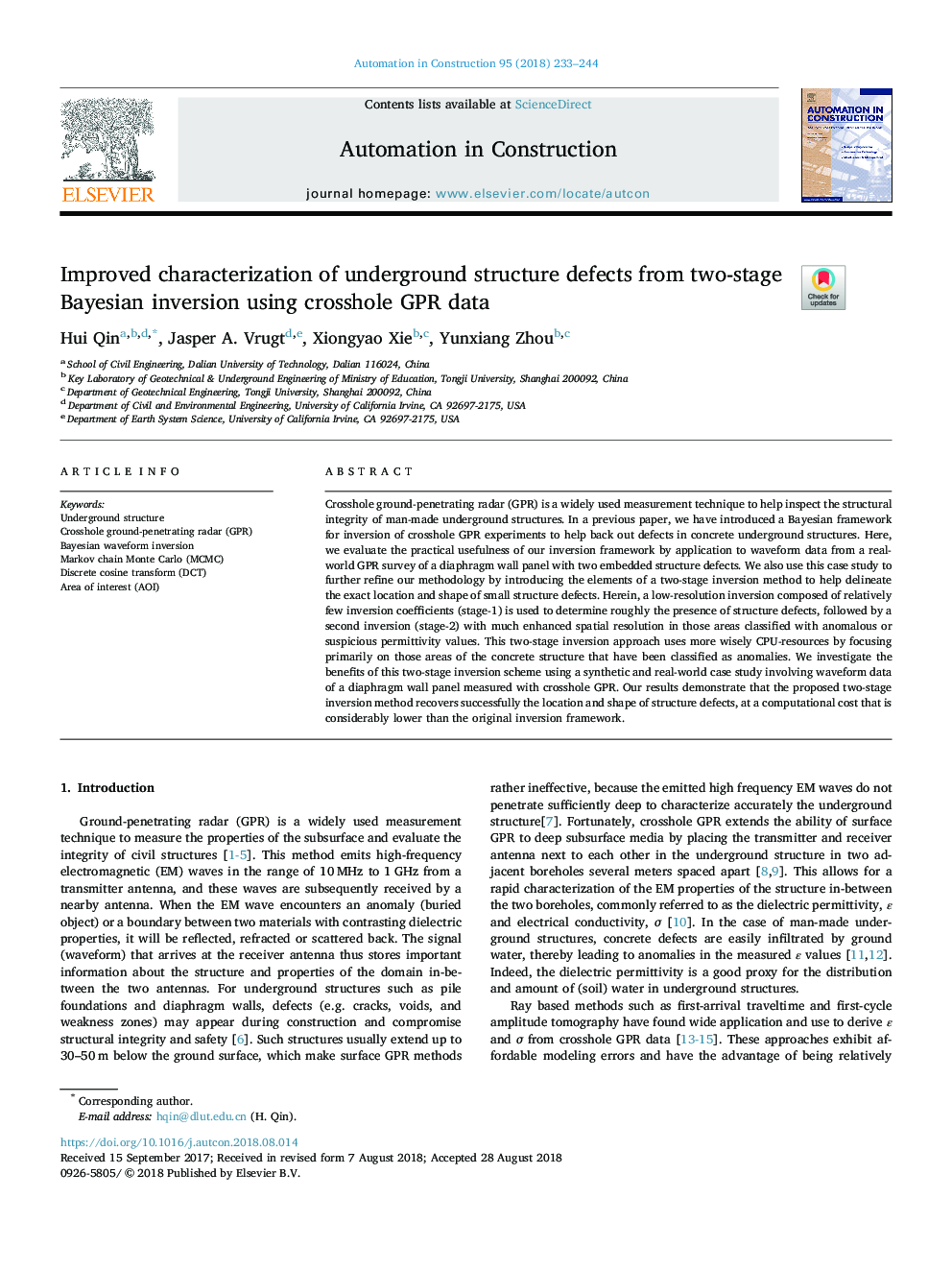 Improved characterization of underground structure defects from two-stage Bayesian inversion using crosshole GPR data