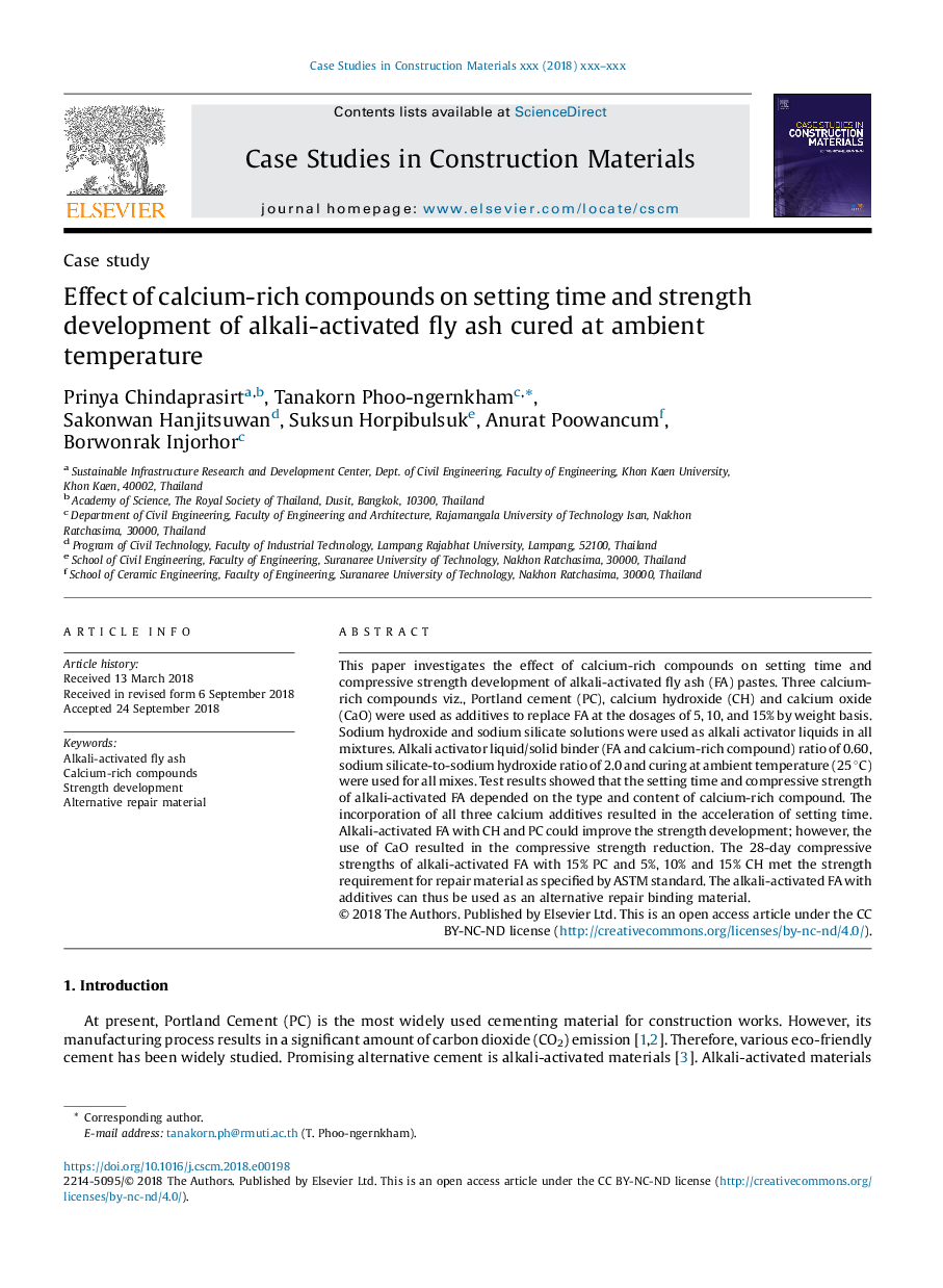 Effect of calcium-rich compounds on setting time and strength development of alkali-activated fly ash cured at ambient temperature