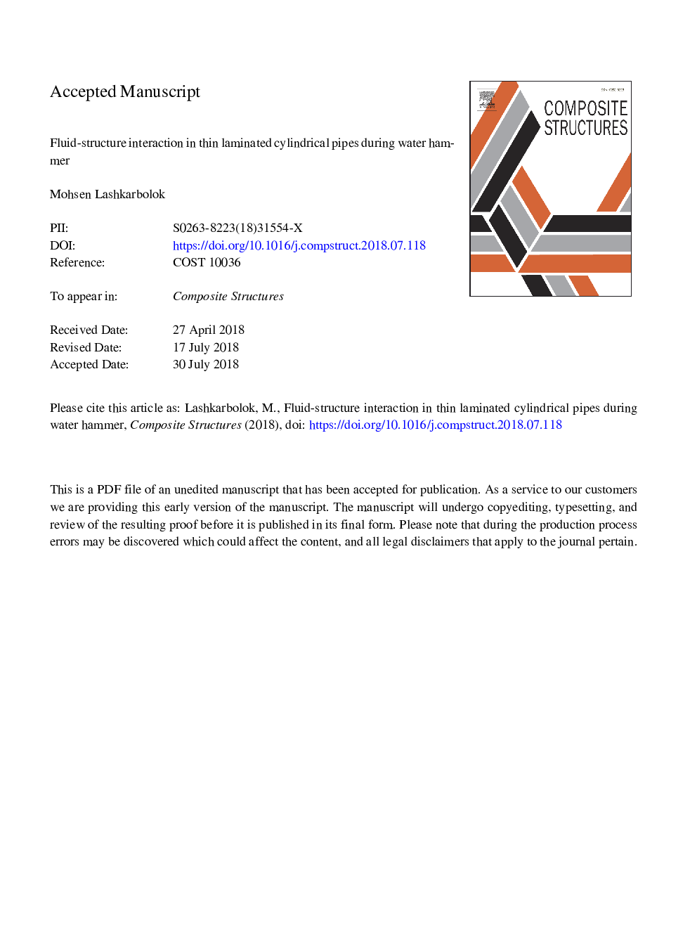 Fluid-structure interaction in thin laminated cylindrical pipes during water hammer