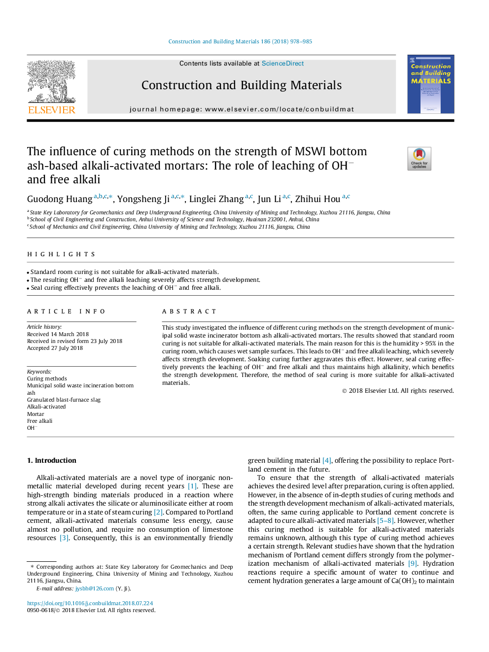 The influence of curing methods on the strength of MSWI bottom ash-based alkali-activated mortars: The role of leaching of OHâ and free alkali