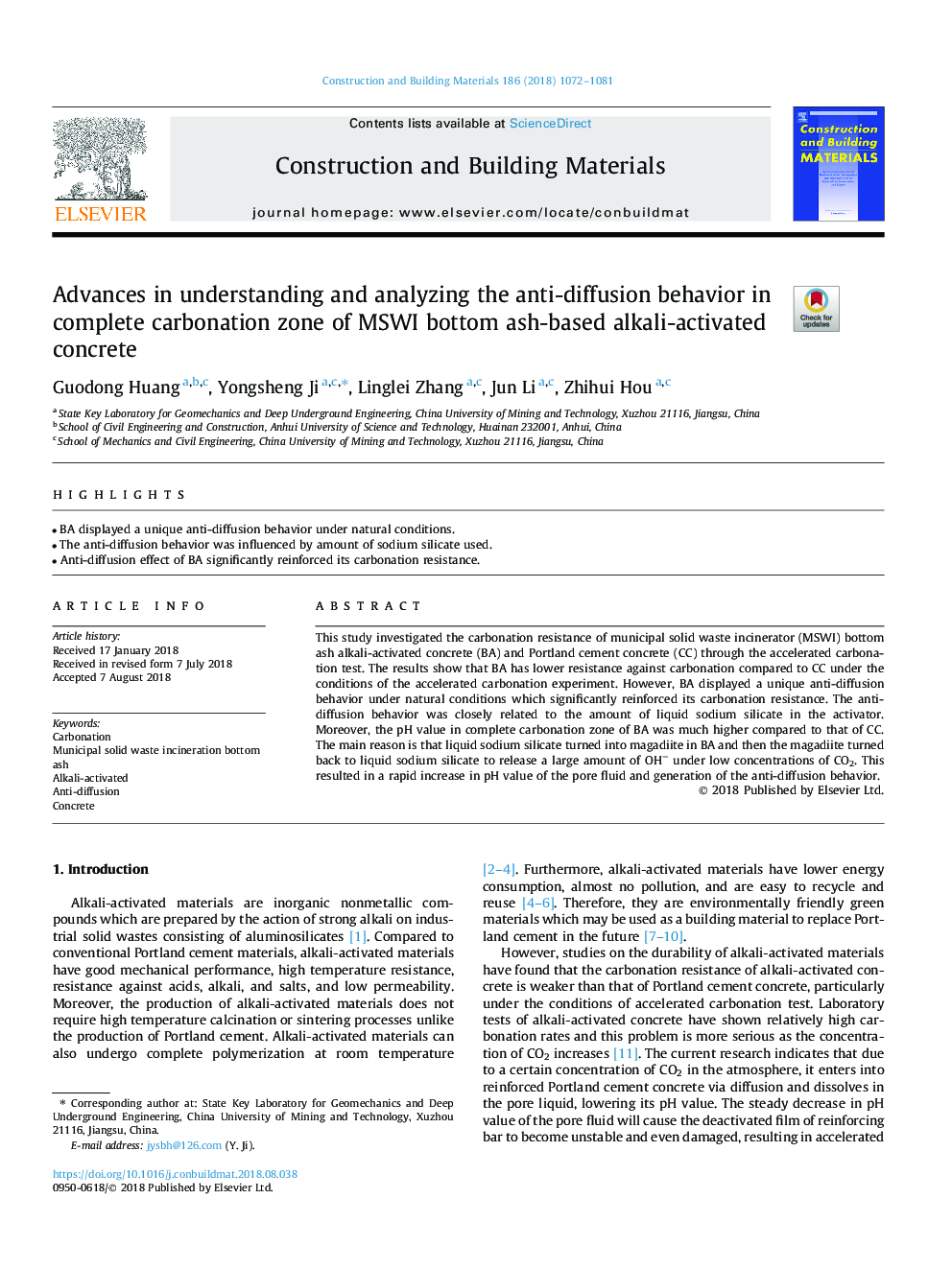 Advances in understanding and analyzing the anti-diffusion behavior in complete carbonation zone of MSWI bottom ash-based alkali-activated concrete