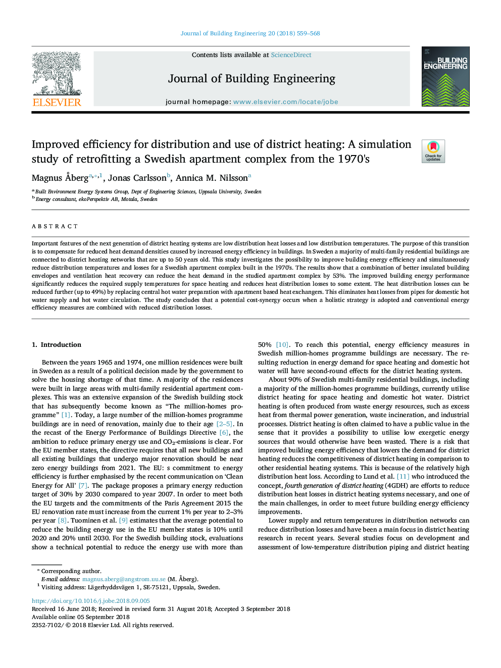 Improved efficiency for distribution and use of district heating: A simulation study of retrofitting a Swedish apartment complex from the 1970's