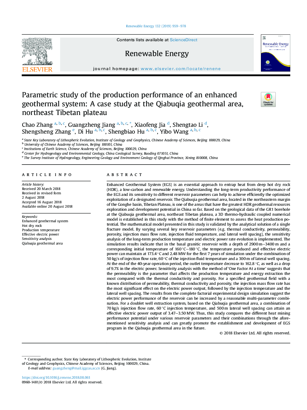 Parametric study of the production performance of an enhanced geothermal system: A case study at the Qiabuqia geothermal area, northeast Tibetan plateau