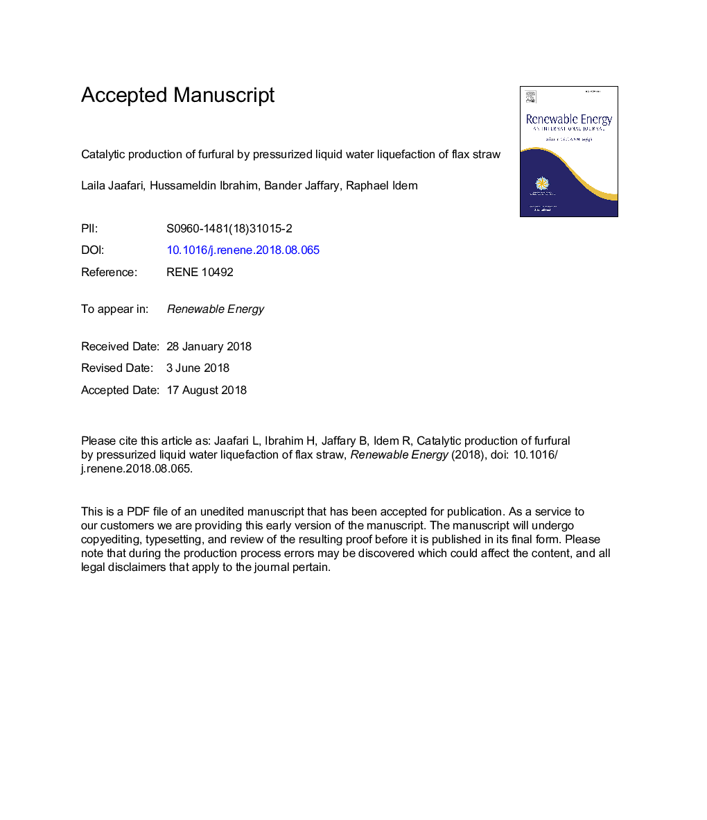 Catalytic production of furfural by pressurized liquid water liquefaction of flax straw