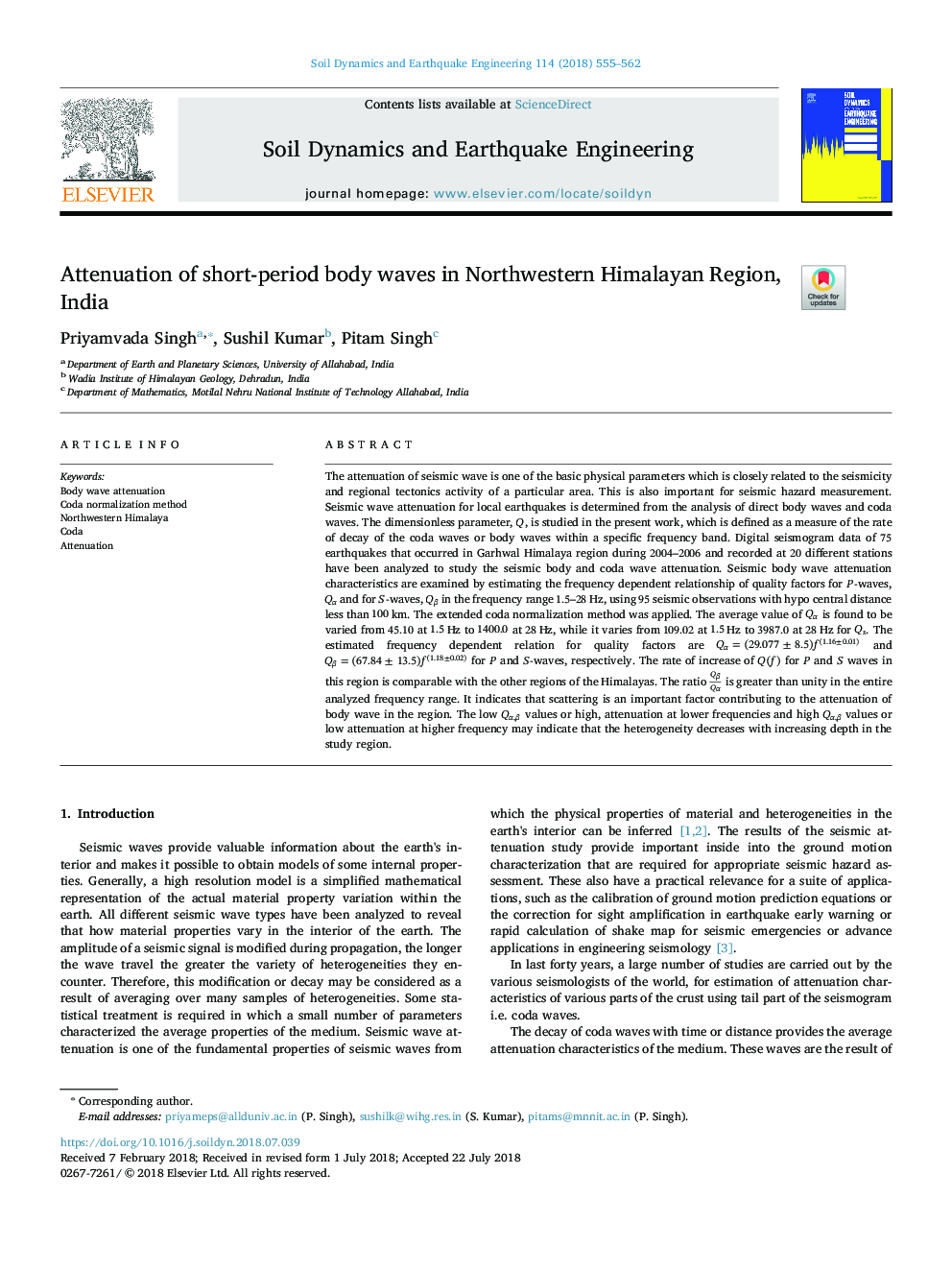 Attenuation of short-period body waves in Northwestern Himalayan Region, India