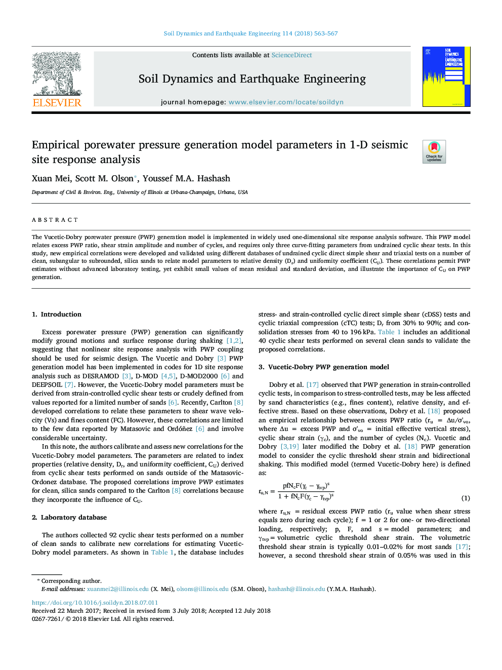 Empirical porewater pressure generation model parameters in 1-D seismic site response analysis